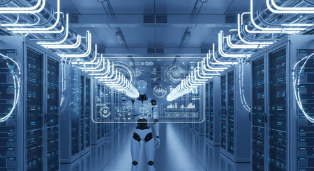 White robot in server room interracting with digital interface 3D renderingの素材