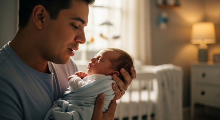 happy father with newborn baby at home. fatherhood and family conceptの素材