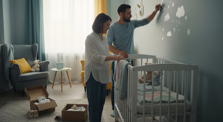 Young parents playing with their newborn baby at home. They are painting on the wall.の素材