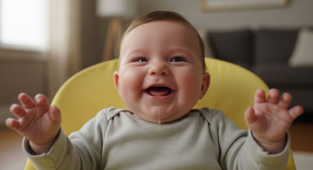 Portrait of a cute smiling baby boy sitting in a yellow chairの素材