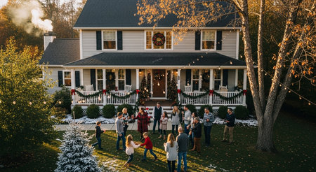 Aerial view of people walking in front of a beautiful house decorated for Christmas.の素材