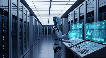 3D rendering humanoid robot working in server room or datacenterの素材