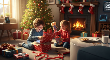Cute little children opening Christmas presents in room with fireplace on backgroundの素材