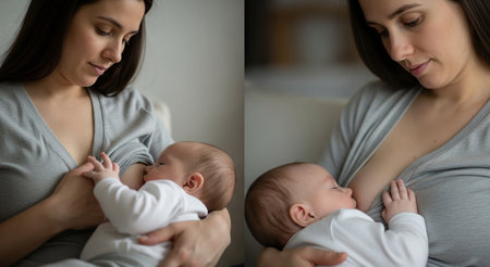 Collage of young mother and her newborn baby at home, closeupの素材