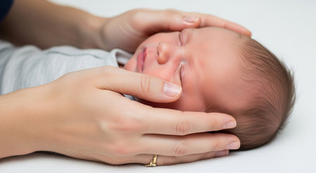 Newborn baby sleeping in mother's hands on a white background.の素材