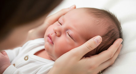 Newborn baby sleeping on mother's hands, close-up portraitの素材
