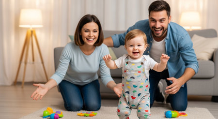 happy family playing with toy blocks on floor in living room at homeの素材