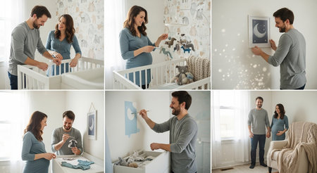 Collage of photos with happy parents and their newborn baby in roomの素材
