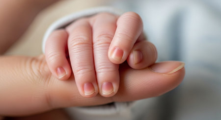 Newborn baby hand holding mother's finger. Macro shot, shallow depth of fieldの素材
