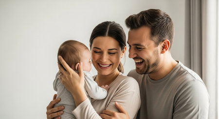 Happy young parents with cute little baby at home, focus on infantの素材