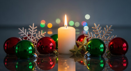 Christmas decoration with burning candle and colorful bokeh lights background.の素材