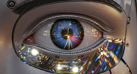 Human eye in a futuristic cyborg with the city in the backgroundの素材