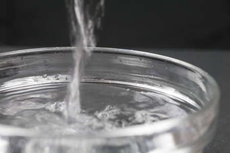Water falling into a glass bowl, filling it.の写真素材