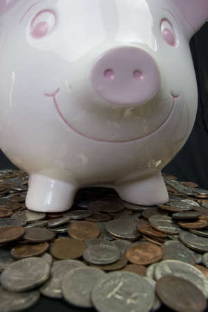 Closeup of a piggy bank standing on money guarding it. Bank protecting money.の写真素材