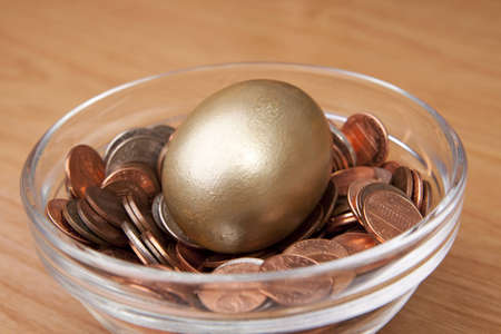A golden egg in a nest of american coins. の写真素材