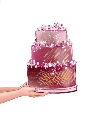 Woman's hands holding multi layered wedding cake of rose color.の写真素材