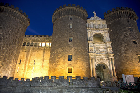 Nocturnal view of the castle called Angevin in Naples, Italyのeditorial素材