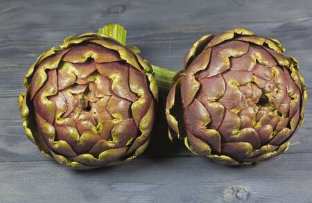 Two artichokes isolated on gray wooden backgroundの写真素材