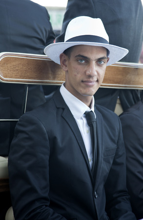Naples, Italy, July 02, 2016: a participant of the parade of carriages with actors in  costumes to commemorate  the three hundredth anniversary of the birth of Charles of Spain who was King of Naplesのeditorial素材
