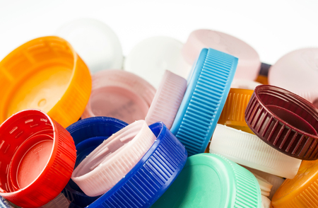 Multi colored Plastic caps ready for recyclingの写真素材