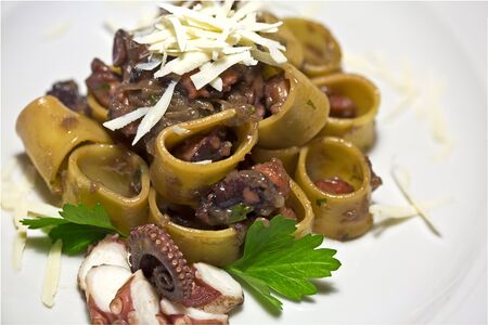 Pasta called calamarata with octopus and parsleyの写真素材