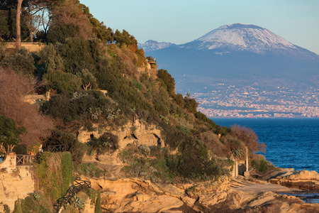 Sunset light on tufaceous slope with Vesuvius mount on the backgroundの写真素材