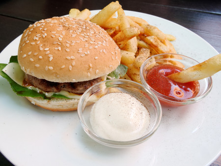 burger fries and saucesの写真素材