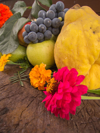 harvest of grapes quinces pears and apples with autumn flowersの写真素材
