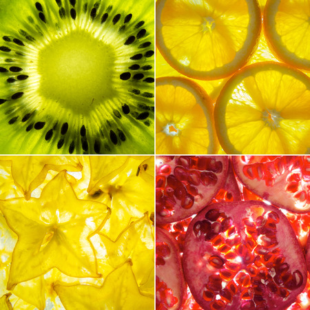 assorted square collage of 4 back lit fruit slicesの写真素材