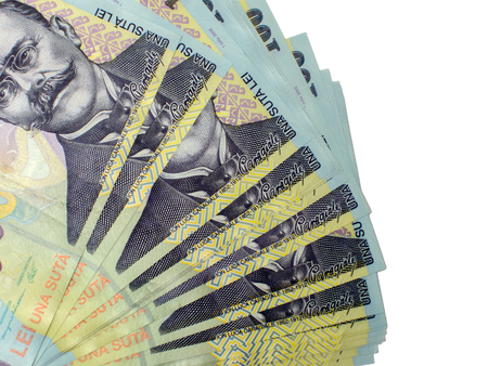 many banknotes of one hundred romanian currency leu ron concept