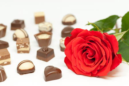 red rose and various chocolate shapes on white background love romance valentine's day conceptの写真素材
