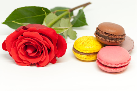 red rose and assorted macarons on white background love romance valentine's day conceptの写真素材
