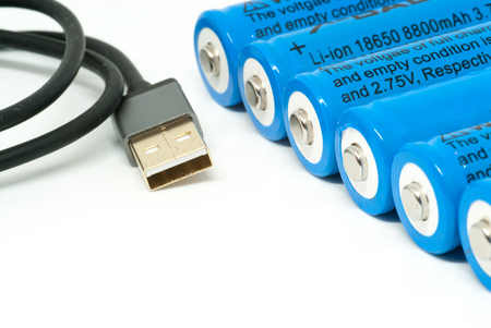 18650 batteries and usb cable emergency recharge conceptの写真素材