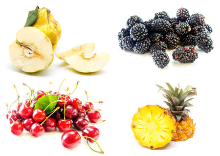 assorted fruits collage on white backgroundの写真素材