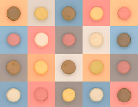 collage of assorted macaroons on various colored backgroundの写真素材