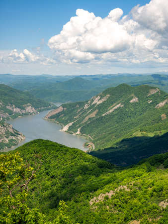 danube between serbian and romanian lands, seen from trescovat peak, romaniaの写真素材