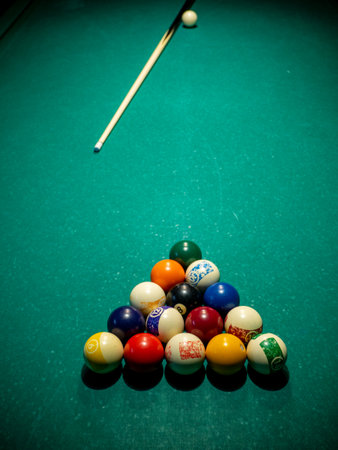Billiard balls on green snooker table. Selective focus