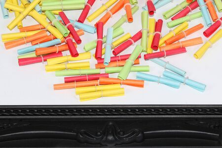 Colorful raffle tickets in a black picture frameの写真素材