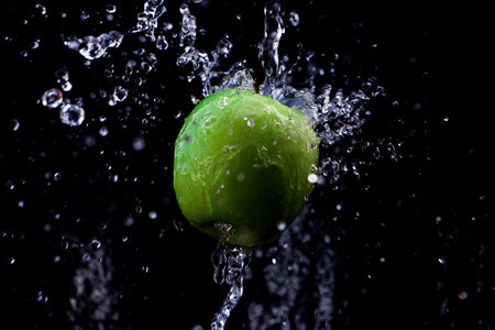 green apple is doused with plenty of water against a black backgroundの写真素材