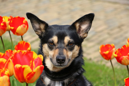 beautiful head portrait of a small mixed dog in the garden with tulipsの写真素材