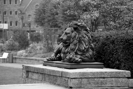 Black and white shot of a statue of a lying lion in LÃ¼beck in front of the Holsten Gateの写真素材