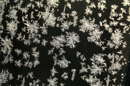 close-up of frost on the windshield of the car in the dark