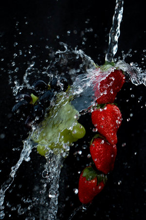 fresh strawberries and dark and light grapes are splashed with plenty of water against a black backgroundの写真素材