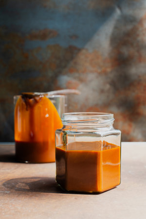 Homemade caramel sauce in a glass jar on rustic tableの写真素材