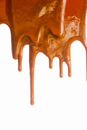 Dripping caramel sauce texture on a white backgroundの写真素材