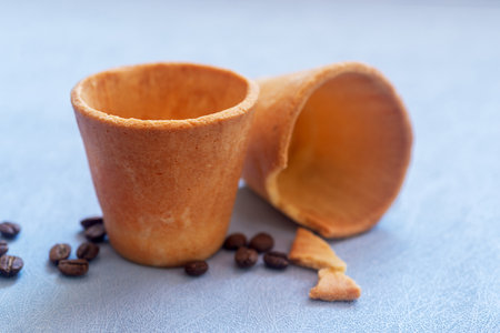 Edible cookie coffee cups with coffee beans, eco friendly alternative for takeaway cup.の写真素材