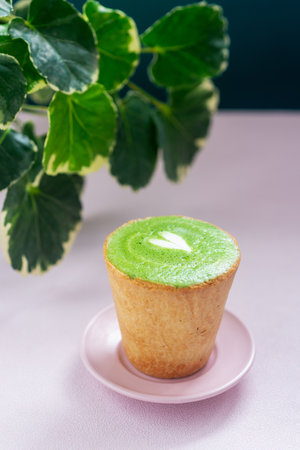 Hot matcha latte in an edible cookie cup, eco friendly alternative for takeaway cup.の写真素材