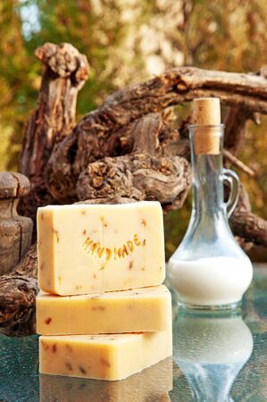 Hand-made lavender soap still life with milk の写真素材