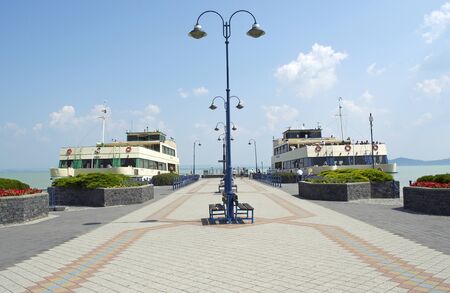 Two catamarans resting in Badacsony harbor on Lake Balaton の写真素材