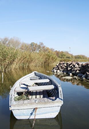 Fishing boat on Lake Balaton in autumn の写真素材